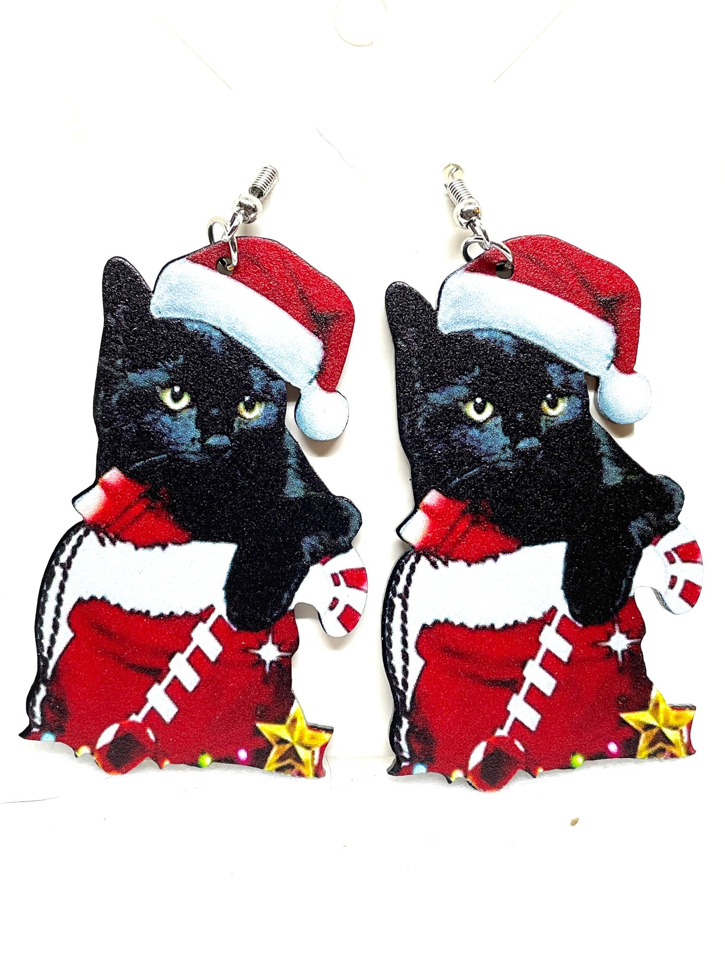 Black Cat Christmas Earrings, Black Santa Cat Earrings, Christmas Earrings, Black Cat Earrings, Kitty Christmas Earrings, My Katz Designs