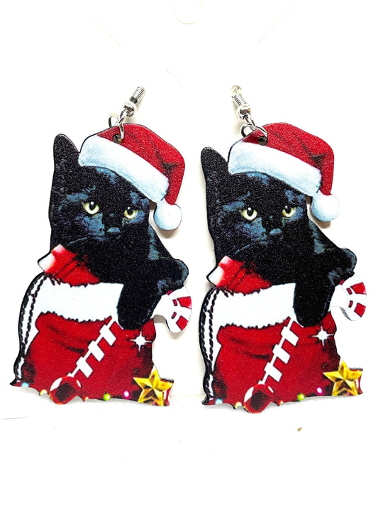 Black Cat Christmas Earrings, Black Santa Cat Earrings, Christmas Earrings, Black Cat Earrings, Kitty Christmas Earrings, My Katz Designs