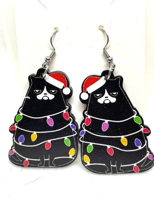 Black and White Christmas Cat Earrings, Christmas Tree Cat Earrings, Christmas Lights Cat Earrings, Black Cat Earrings, My Katz Designs