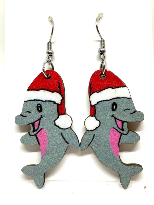 Christmas Dolphin Earrings, Christmas Earrings, Dolphin Earrings, Marine Life Earrings, Coastal Christmas Earrings, My Katz DesignsThe